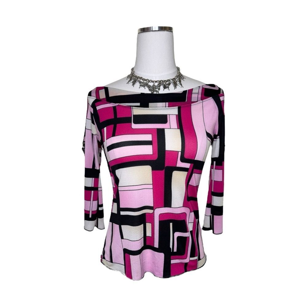 Y2K Jamie Nicole Pink + Black Geometric Off Shoulder 3/4 Sleeve Top Size Small